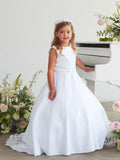 Satin Communion Dress with Lace Appliqué & Bow Back
