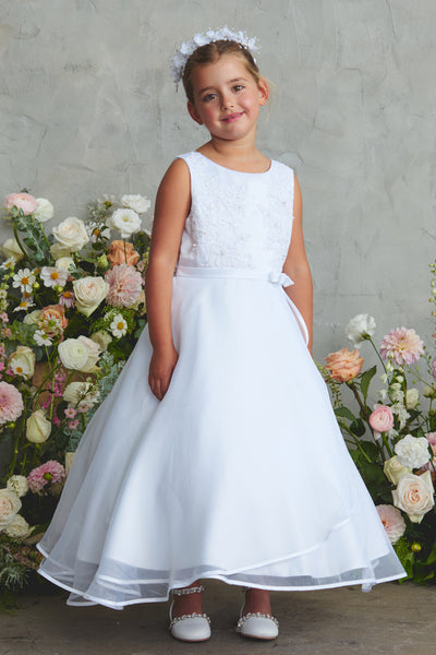 Satin Bodice with Lace Applique and Split Organza Skirt with Satin Bias Edge