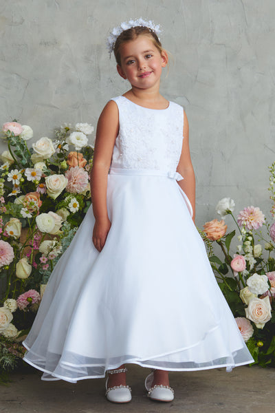 Satin Bodice with Lace Applique and Split Organza Skirt with Satin Bias Edge