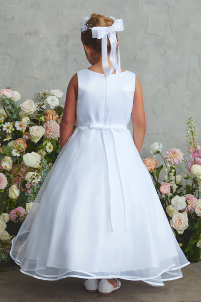 Satin Bodice with Lace Applique and Split Organza Skirt with Satin Bias Edge