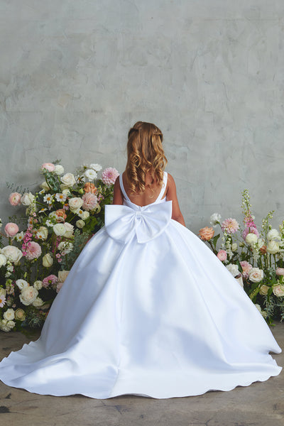 Valencia Grand Bow Communion Gown – Mikado Satin