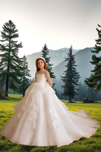 Pentelei Couture Pearl Embellished Girls Gown | Full-Length Flower Girl Dress