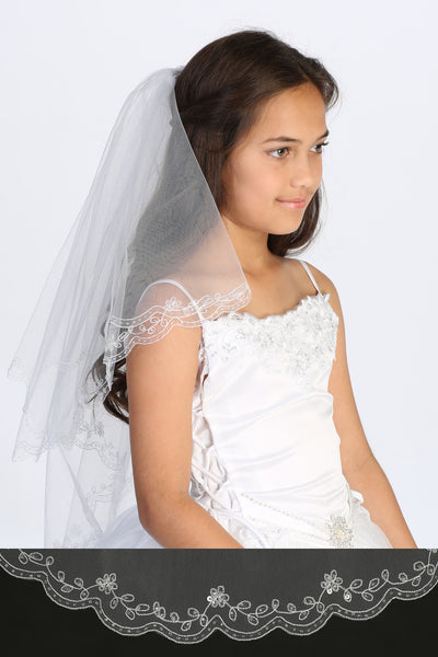 Girls White Double Layer Communion Veil With Crystal Beading
