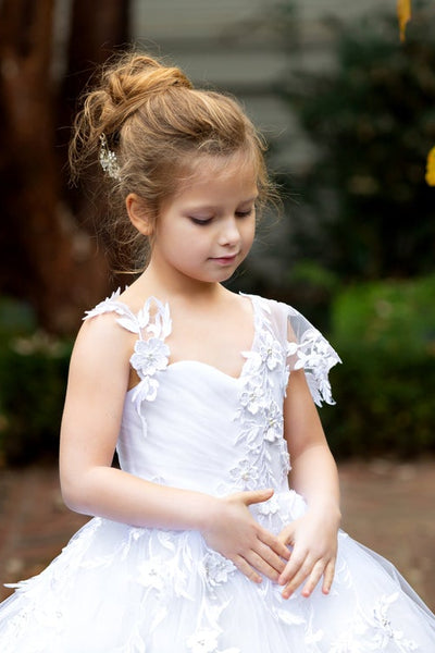 One Shoulder 3D Lace Communion Pageant Flower Girl Baptism Gown
