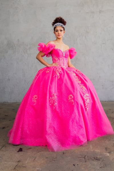 Evelisse Meadow Lime Quinceañera Gown – Puff Sleeves & Floral Embroidery