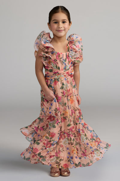 Mac Duggal Girls Floral Chiffon Ruffle Gown