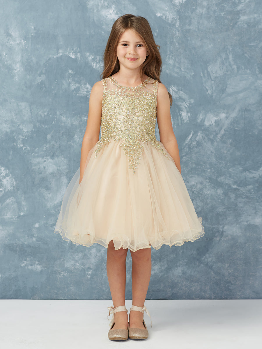 Teen Pageant Dress With Luxurious Gold Lace Overlay