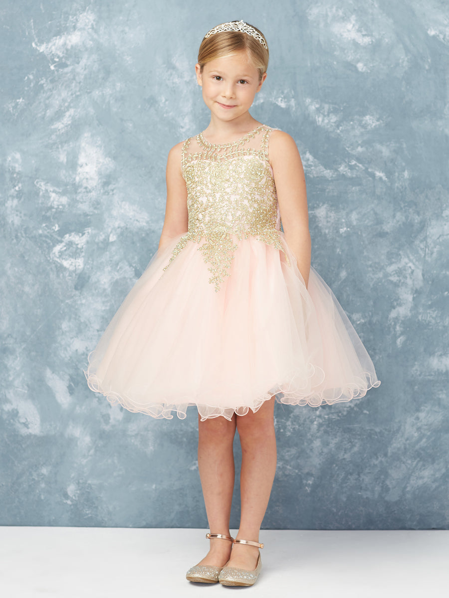 Teen Pageant Dress With Luxurious Gold Lace Overlay