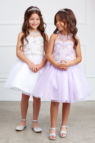 Girls Short Pageant Dress With Crystal Embellished Bodice Tulle Skirt