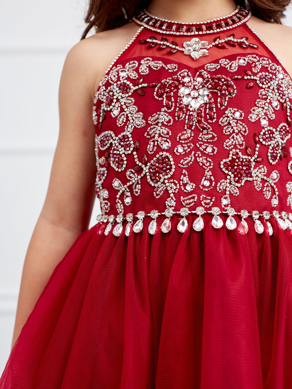 Girls Short Pageant Dress With Crystal Embellished Bodice Tulle Skirt