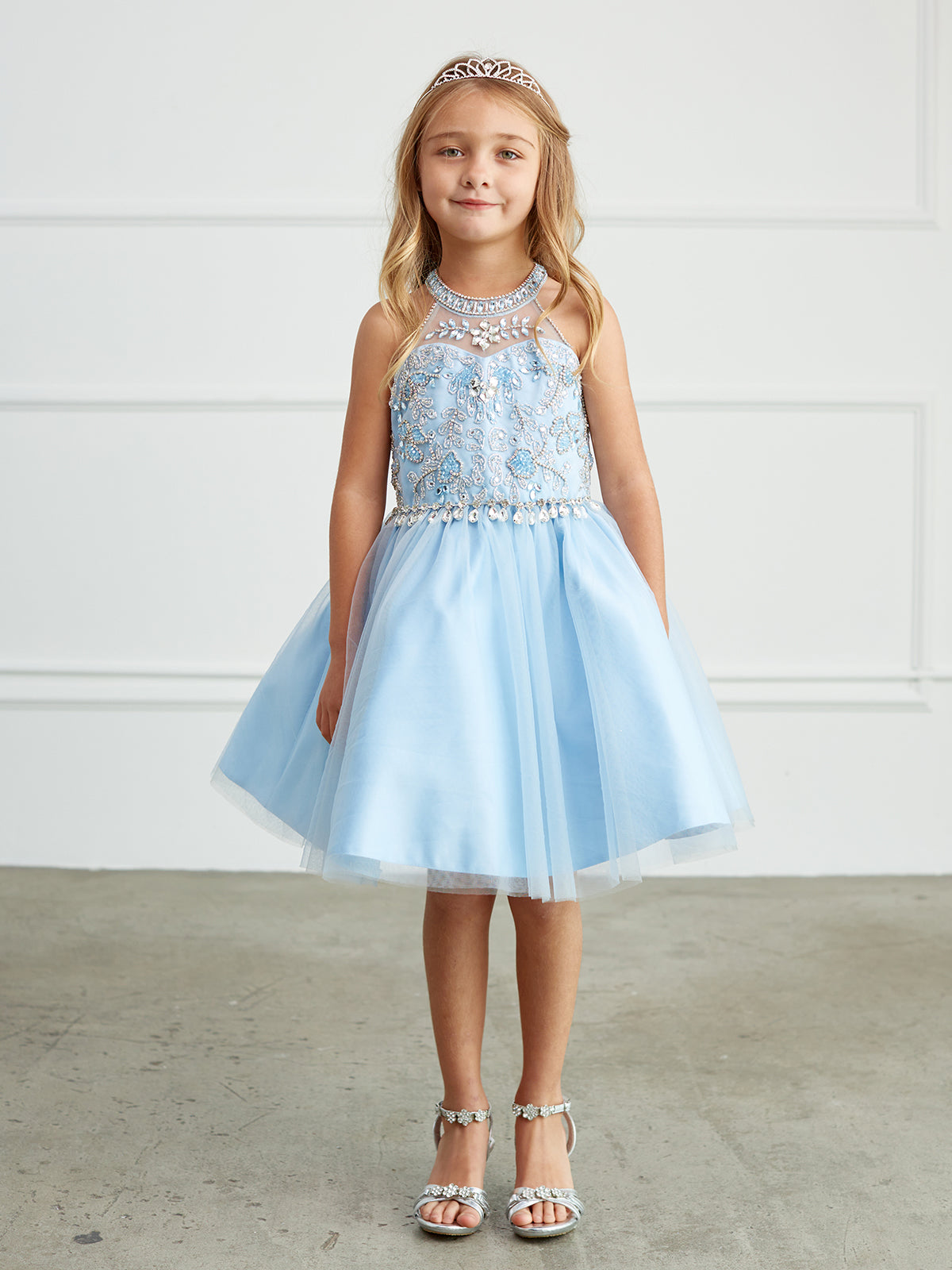 Girls Short Pageant Dress With Crystal Embellished Bodice Tulle Skirt