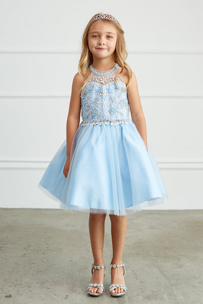 Girls Short Pageant Dress With Crystal Embellished Bodice Tulle Skirt
