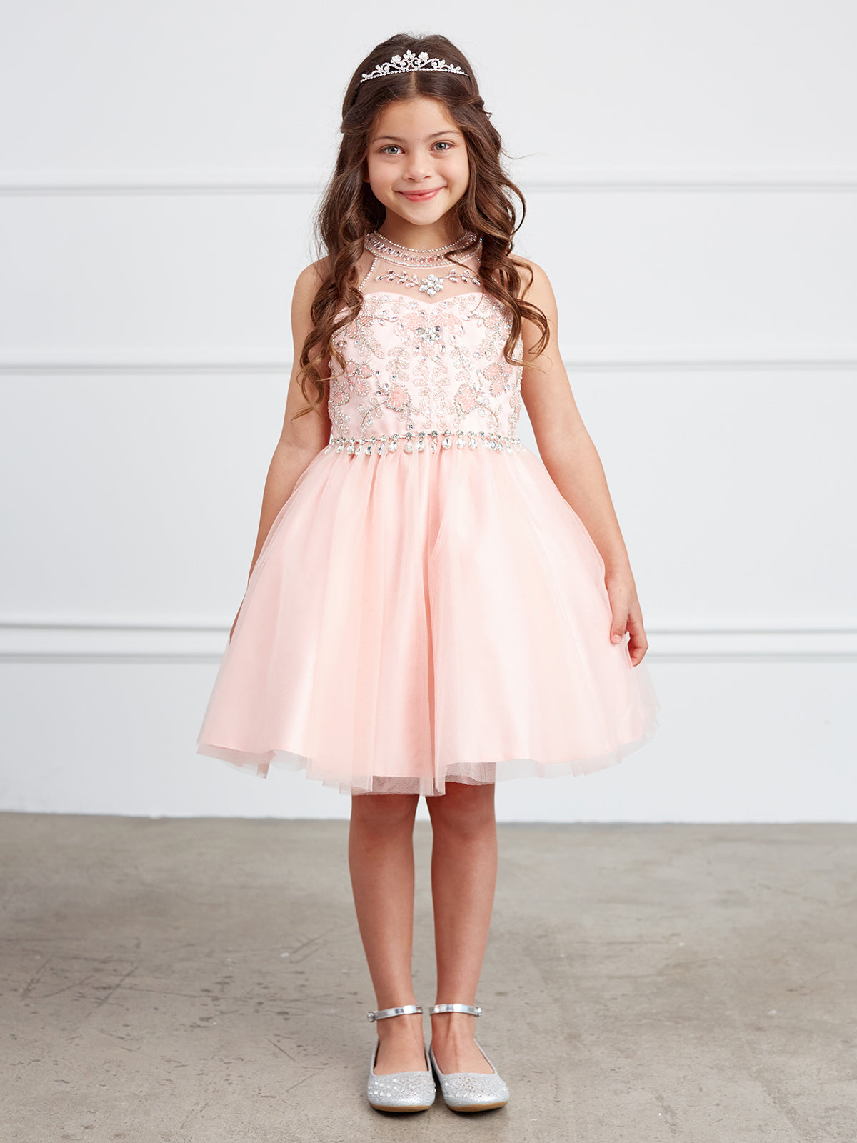 Girls Short Pageant Dress With Crystal Embellished Bodice Tulle Skirt