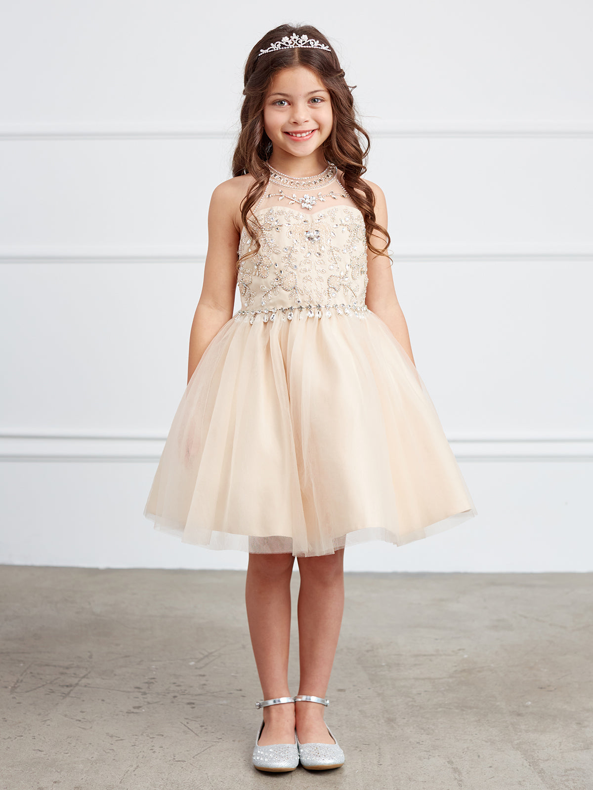 Girls Short Pageant Dress With Crystal Embellished Bodice Tulle Skirt