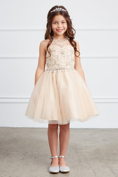 Girls Short Pageant Dress With Crystal Embellished Bodice Tulle Skirt