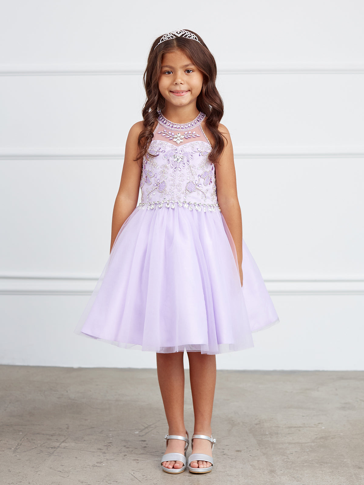 Girls Short Pageant Dress With Crystal Embellished Bodice Tulle Skirt