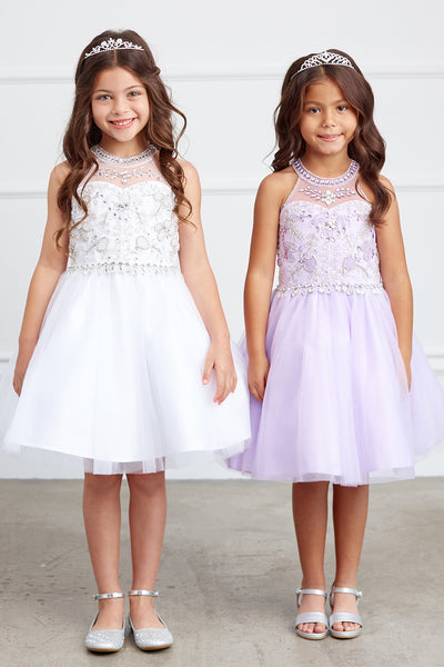 Girls Short Pageant Dress With Crystal Embellished Bodice Tulle Skirt