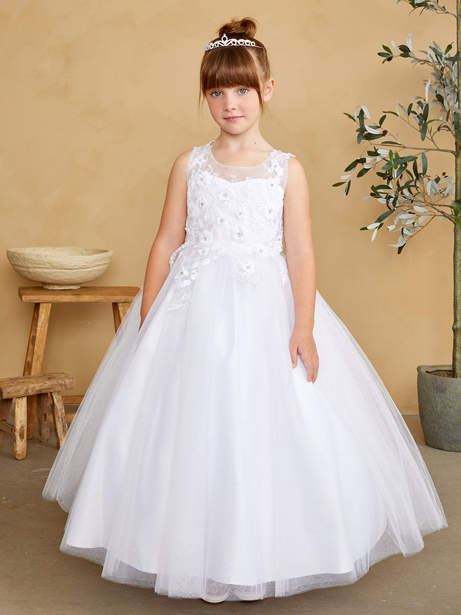 Girls Glitter Tulle Communion Flower Girl Pageant Dress 3D Floral Bodice