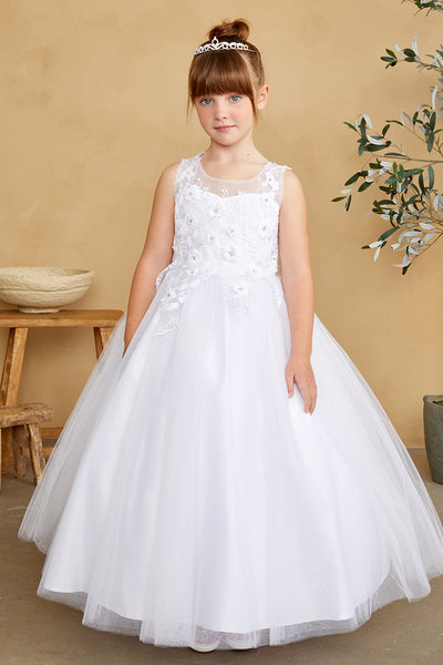 Girls Glitter Tulle Communion Flower Girl Pageant Dress 3D Floral Bodice