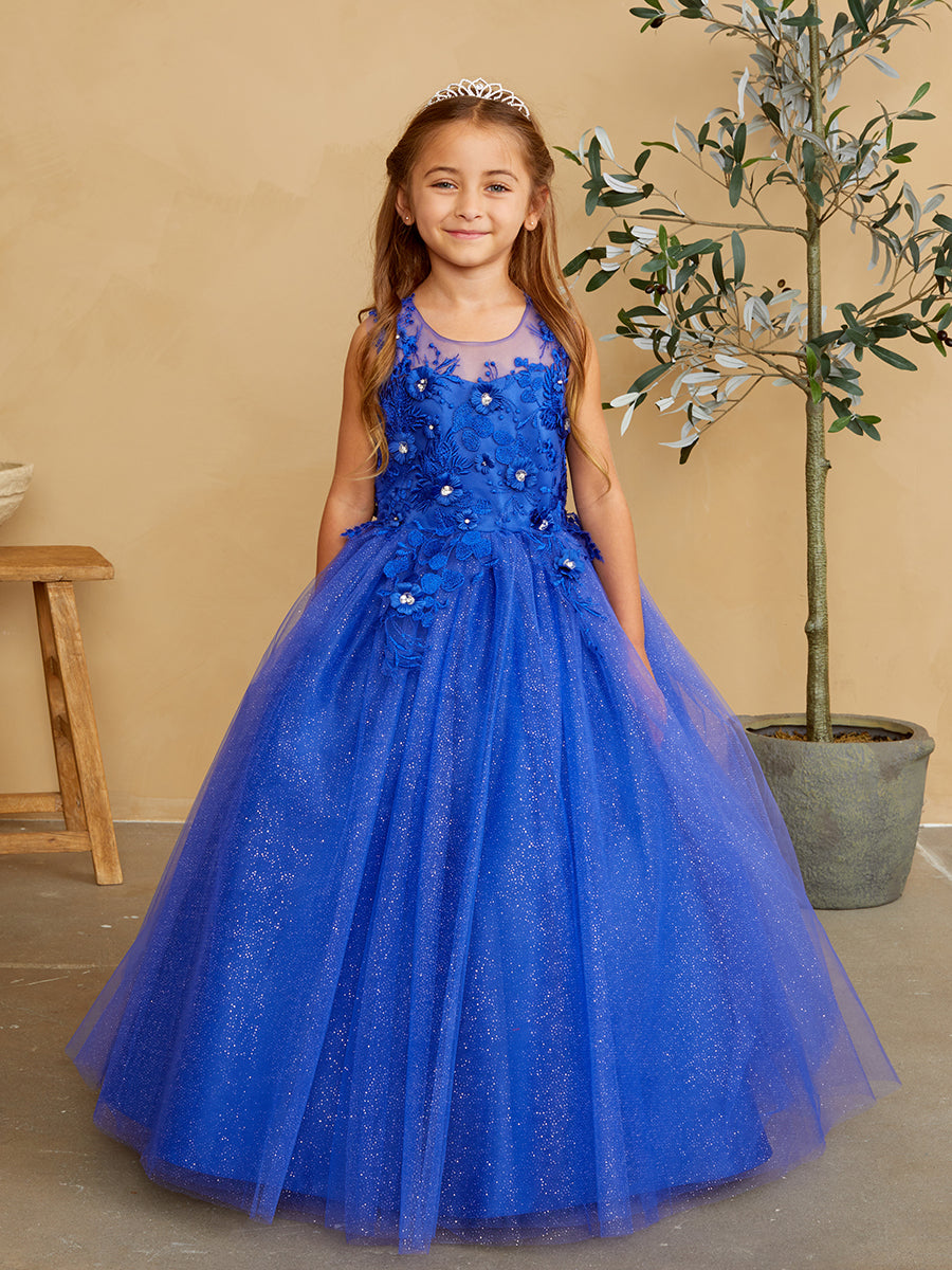 Girls Glitter Tulle Communion Flower Girl Pageant Dress 3D Floral Bodice