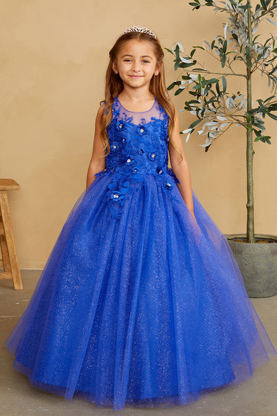 Girls Glitter Tulle Communion Flower Girl Pageant Dress 3D Floral Bodice