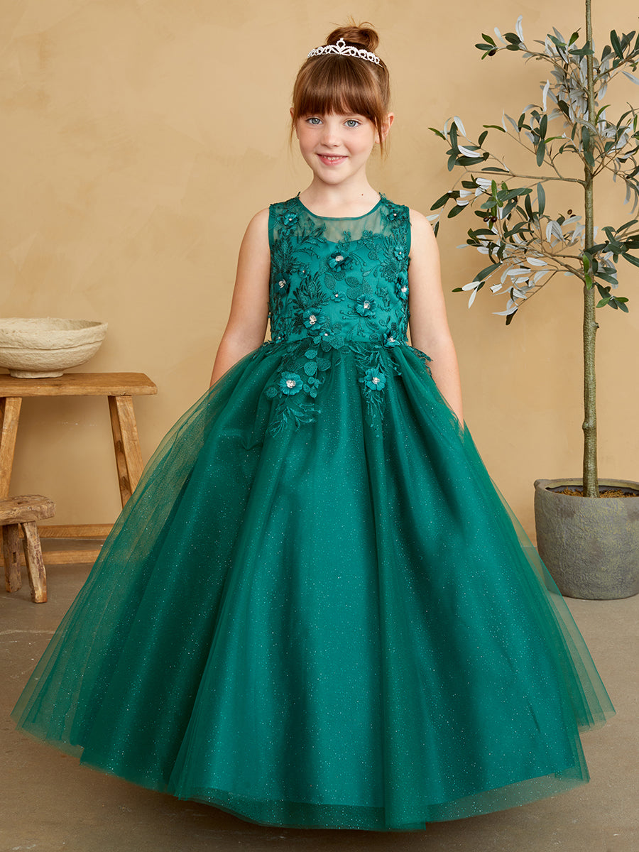 Girls Glitter Tulle Communion Flower Girl Pageant Dress 3D Floral Bodice