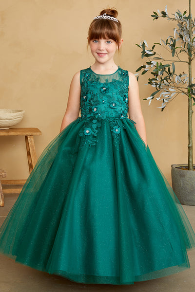 Girls Glitter Tulle Communion Flower Girl Pageant Dress 3D Floral Bodice