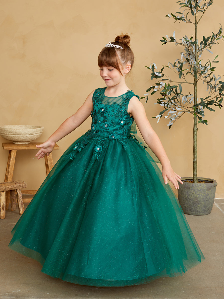 Girls Glitter Tulle Communion Flower Girl Pageant Dress 3D Floral Bodice