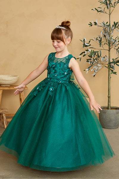Girls Glitter Tulle Communion Flower Girl Pageant Dress 3D Floral Bodice