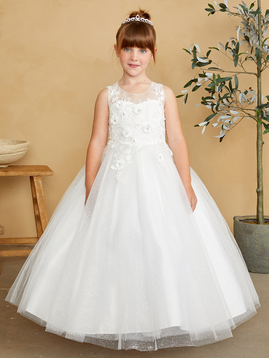 Girls Glitter Tulle Communion Flower Girl Pageant Dress 3D Floral Bodice