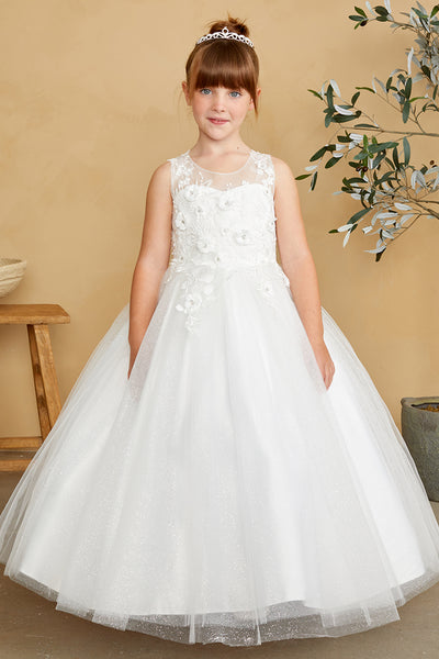 Girls Glitter Tulle Communion Flower Girl Pageant Dress 3D Floral Bodice
