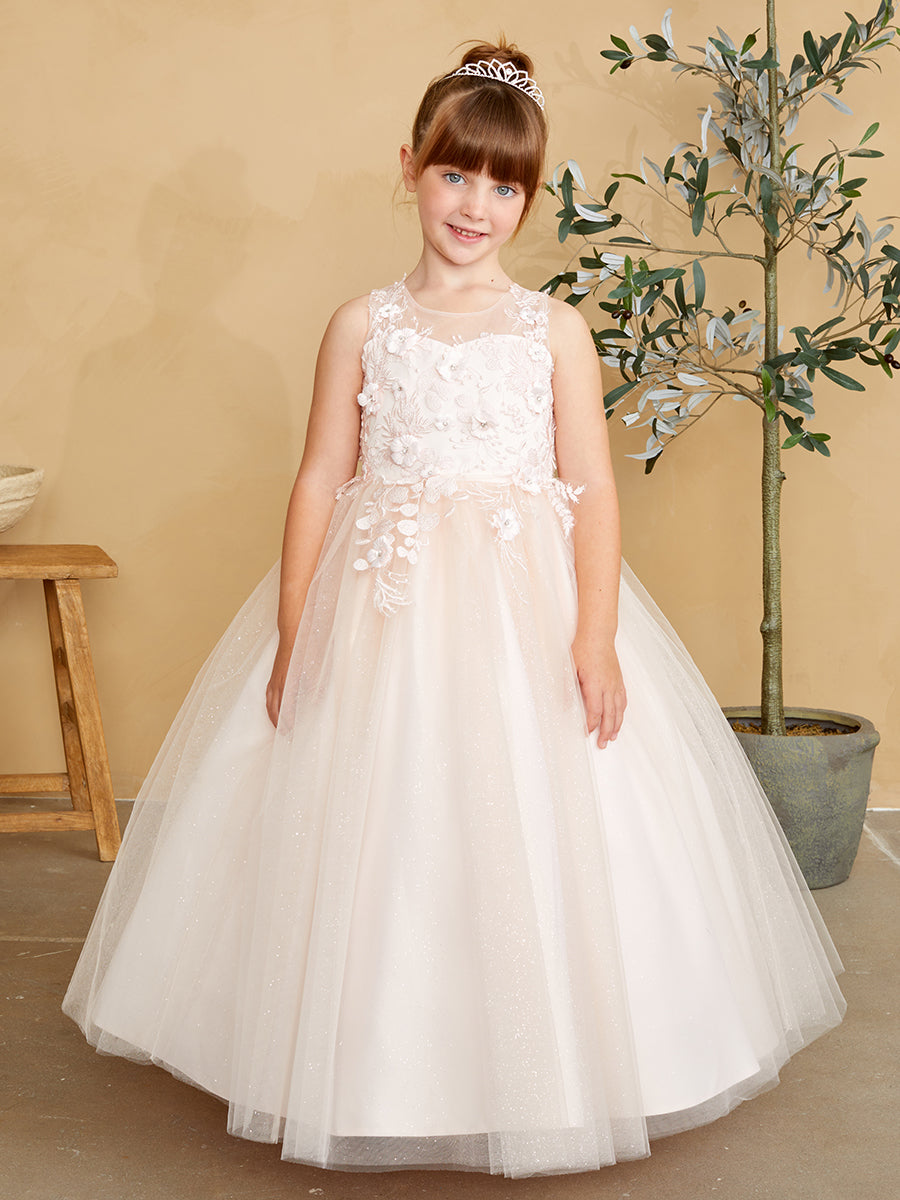 Girls Glitter Tulle Communion Flower Girl Pageant Dress 3D Floral Bodice