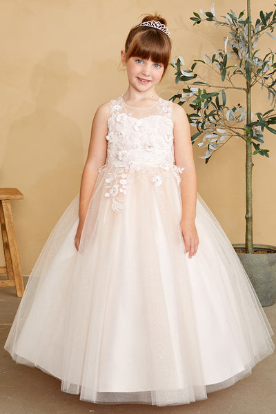 Girls Glitter Tulle Communion Flower Girl Pageant Dress 3D Floral Bodice