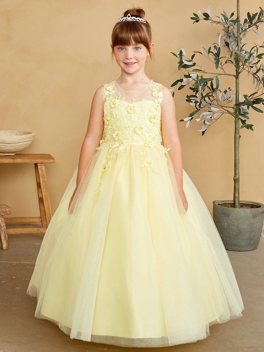 Girls Glitter Tulle Communion Flower Girl Pageant Dress 3D Floral Bodice
