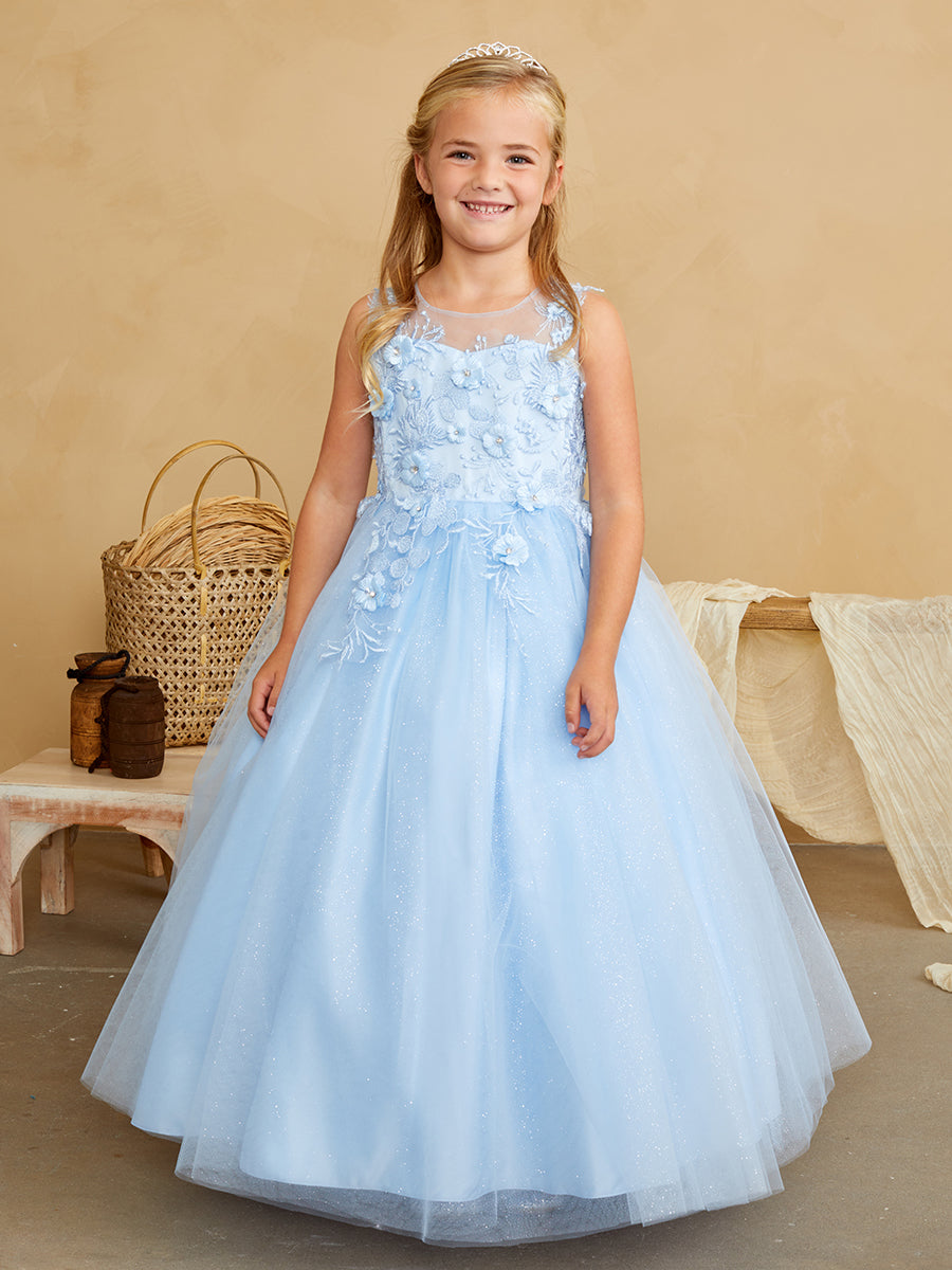 Girls Glitter Tulle Communion Flower Girl Pageant Dress 3D Floral Bodice