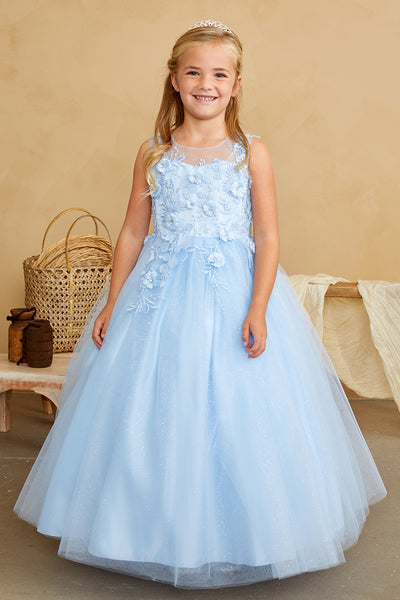 Girls Glitter Tulle Communion Flower Girl Pageant Dress 3D Floral Bodice