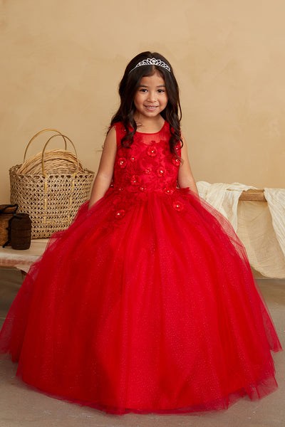 Girls Glitter Tulle Communion Flower Girl Pageant Dress 3D Floral Bodice