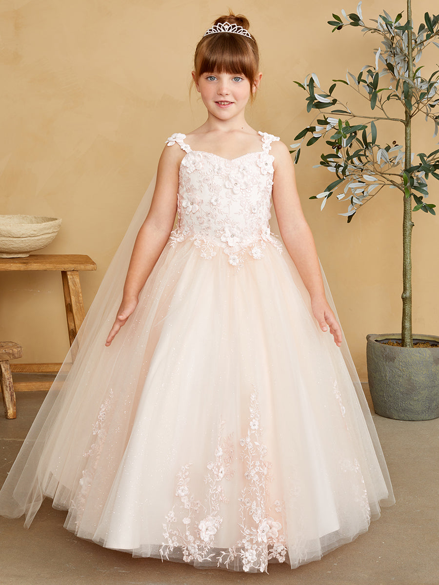 Elegant 3D Floral Lace Tulle Dress for Flower Girls & First Communion