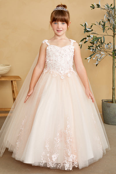 Elegant 3D Floral Lace Tulle Dress for Flower Girls & First Communion