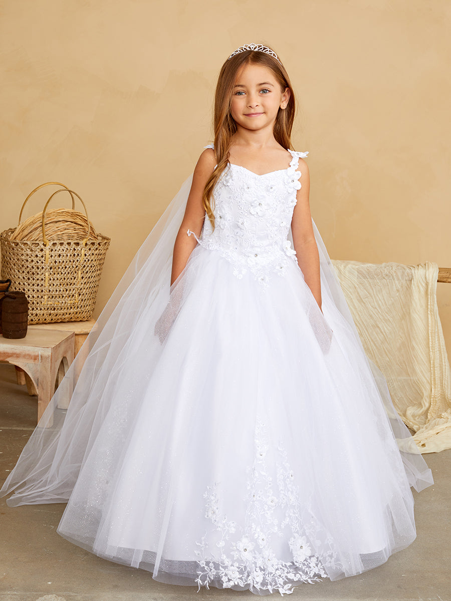 Elegant 3D Floral Lace Tulle Dress for Flower Girls & First Communion