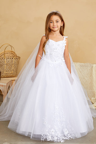 Elegant 3D Floral Lace Tulle Dress for Flower Girls & First Communion