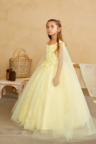 Elegant 3D Floral Lace Tulle Dress for Flower Girls & First Communion