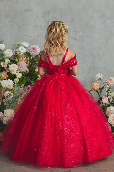Girls Off Shoulder Pageant Dress Glitter Tulle Gown