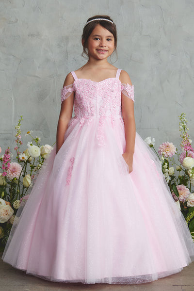 Girls Off Shoulder Pageant Dress Glitter Tulle Gown