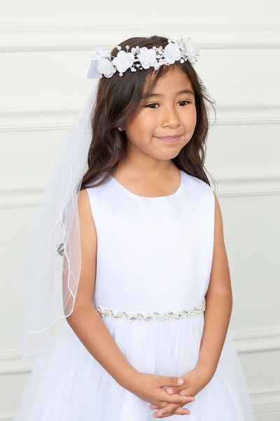 Girls White Satin Communion Gown with Floral Lace