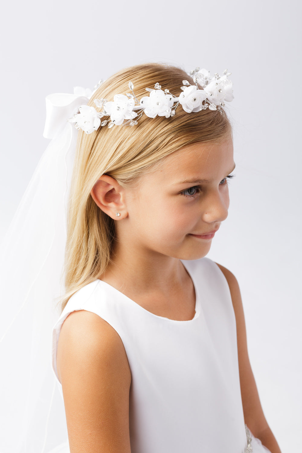 Girls Crystal Accent Floral Head Wreath With Communion Veil