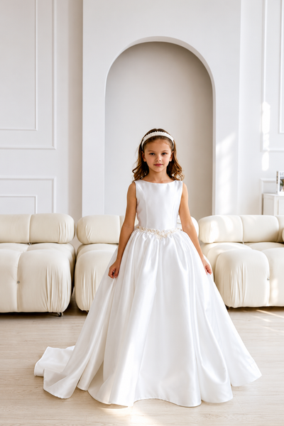 Ivory Satin Communion Dress for Girls Elegant Pageant