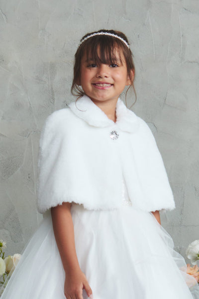 Girls Faux Fur Cape White Flower Girl Communion Wrap