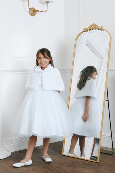Girls Faux Fur Cape White Flower Girl Communion Wrap