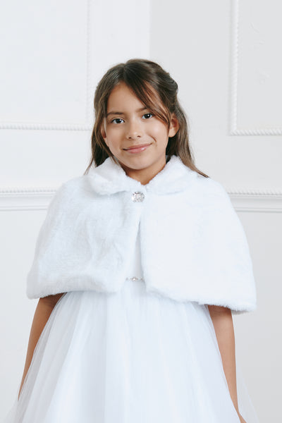 Girls Faux Fur Cape White Flower Girl Communion Wrap